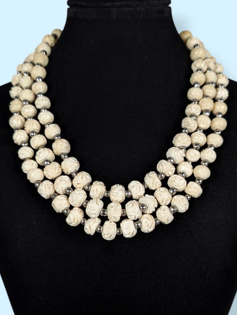 Vintage Late 1930s 3-Strand Carved Celluloid Floral Necklace